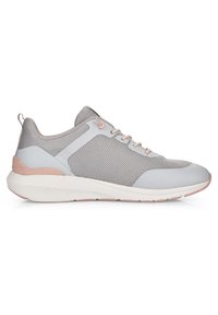 Gray athletic shoes featuring mesh upper, light pink accents, rounded toe, white sole, and textured details along the sides.