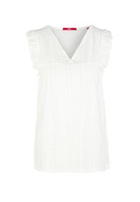 Blouse blanche sans manches avec col en V, motif œillet et détails volantés aux épaules.