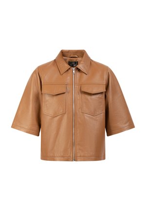 Brown leather short-sleeve jacket with a collar, front zipper, and two chest pockets. Smooth texture and modern, boxy shape.