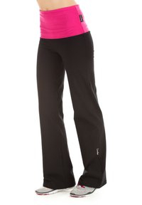Black workout pants with a wide, pink, elastic waistband. The fabric appears smooth and stretchy, designed for comfort during exercise.