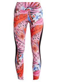 Leggings stampati floreali in rosa, rosso e blu con pannelli laterali neri. Realizzati in tessuto elasticizzato, presentano una vita alta e un vivace design tropicale.