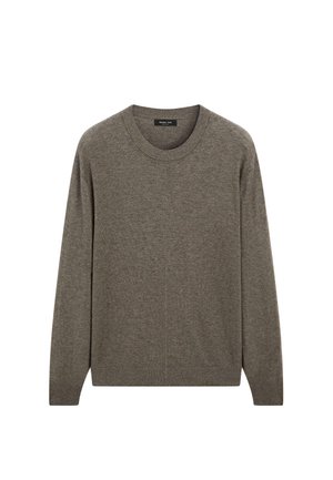 Grey knitted sweater with a round neckline, long sleeves, ribbed cuffs, and hem. Soft texture with a subtle heathered pattern.
