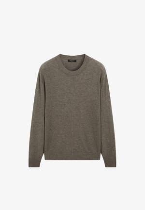 Grå stickad tröja med rund halsringning, långa ärmar, ribbade manschetter och nederkant. Mjuk textur med ett subtilt melerat mönster.