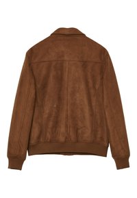 Giacca bomber in suede marrone con una texture liscia, polsini a costine e colletto classico. Presenta dettagli di cucitura minimi sul retro.