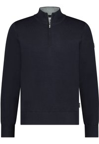 Marineblauer Pullover aus Strickstoff mit einem halben Reißverschluss vorne, gerippten Manschetten und Saum, ausgestattet mit einem kontrastierenden Innenkragen.