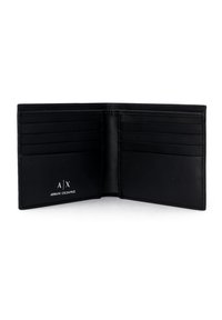 Black leather wallet with multiple card slots, logo embossed on the interior, smooth texture, bi-fold design, minimal stitching details.