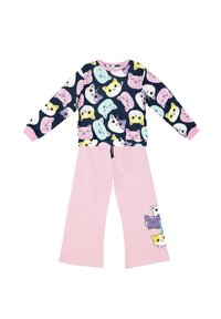 Baumwoll-Pyjama-Set mit einem marineblauen Oberteil, das bunte Katzenköpfe und rosa Ärmel hat. Rosa Hosen mit seitlichen Katzenmotiven. Lockerer Schnitt, elastischer Bund mit Kordelzug.