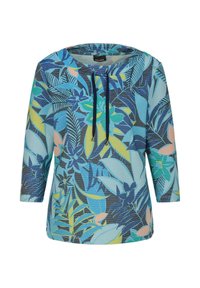Langärmelig top met blauw, geel en roze tropisch blad- en bloemenpatroon, voorzien van een ronde halslijn en donkerblauwe trekkoorden.