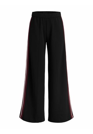 Svarta byxor med vida ben och elastisk midja, med röda och vita ränder på sidorna. Slät tyg med en strukturerad design och rena linjer.