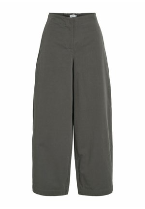 Pantalones de pierna ancha y cintura alta en gris oscuro, hechos de tela ligera. Presentan una textura suave y un diseño sencillo y limpio.