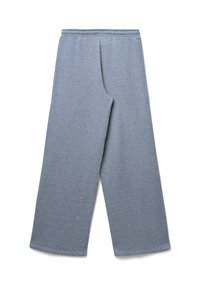 Hellgraue, weit geschnittene Sweatpants mit elastischem Bund, flach auf einem weißen Hintergrund ausgelegt.