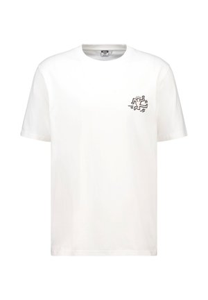 White cotton T-shirt with a crew neck, short sleeves, and a black line drawing of a figure on the left chest. Smooth texture, standard fit.