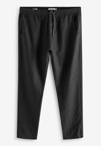 Pantaloni negri dintr-un material moale, cu talie elastică și șnur de strângere, două buzunare laterale și croială dreaptă.