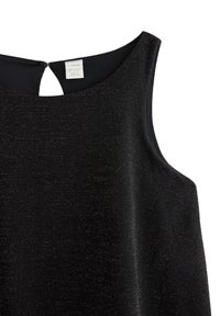 Czarny top bez rękawów z błyszczącym, teksturowanym materiałem o subtelnym połysku. Detal w formie dziurki na plecach oraz okrągły dekolt.