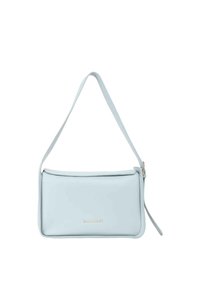 Borsa a spalla in pelle azzurro chiaro con una texture liscia, forma rettangolare e una tracolla sottile. Presenta un logo sottile impresso sul davanti.