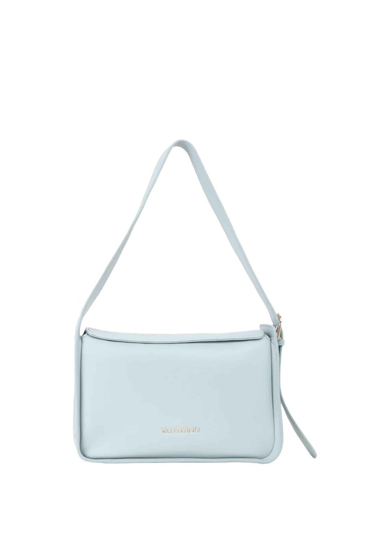 Borsa a spalla in pelle azzurro chiaro con una texture liscia, forma rettangolare e una tracolla sottile. Presenta un logo sottile impresso sul davanti.