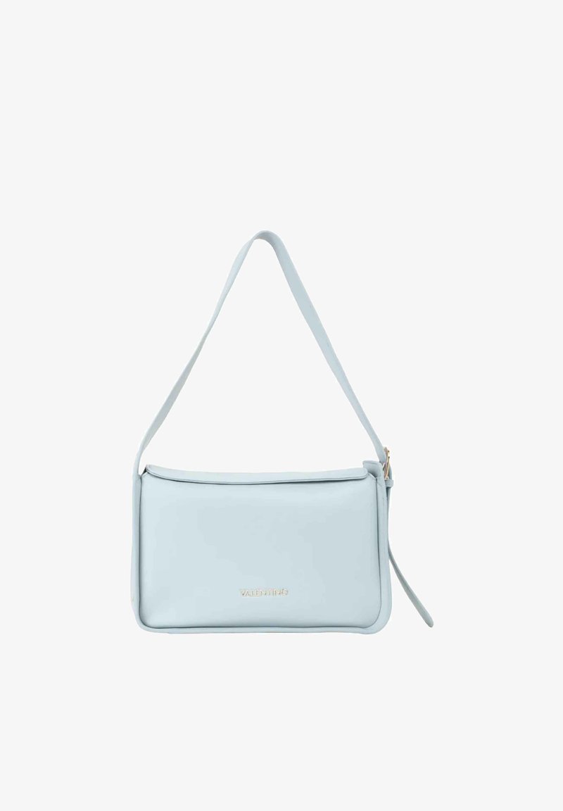 Borsa a spalla in pelle azzurro chiaro con una texture liscia, forma rettangolare e una tracolla sottile. Presenta un logo sottile impresso sul davanti.