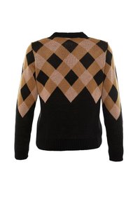 Pull noir en maille avec motif argyle marron et beige sur le haut du dos et les manches, doté de poignets et d'un ourlet côtelés.