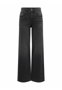 Jeans en denim noir à jambe large avec taille haute, cinq poches et fermeture à bouton. Présentent une texture douce et des détails de décoloration subtils.