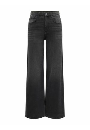 Jeans en denim noir à jambe large avec taille haute, cinq poches et fermeture à bouton. Présentent une texture douce et des détails de décoloration subtils.