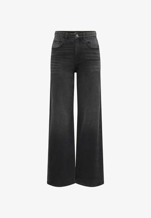 Jeans en denim noir à jambe large avec taille haute, cinq poches et fermeture à bouton. Présentent une texture douce et des détails de décoloration subtils.