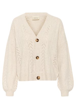 Cardigan en tricot crème avec un décolleté en V, des motifs chevrons texturés et trois grands boutons marron ; manches ballon larges et amples.