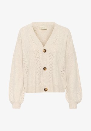 Cream knitted cardigan featuring a v-neckline, textured chevron patterns, and three large brown buttons; loose, oversized balloon sleeves.