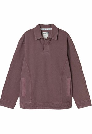 Long-sleeve purple pullover with a collar, side pockets, and visible stitching details, laid flat on a white background.