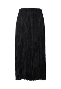 Jupe midi plissée noire avec une taille élastique. Fabriquée en tissu léger, elle présente une texture douce et une silhouette en A.