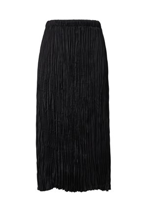 Gonna midi nera plissettata con vita elastica. Realizzata in tessuto leggero, presenta una texture morbida e una silhouette a forma di A.