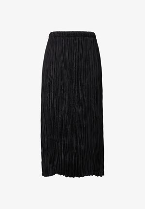 Gonna midi nera plissettata con vita elastica. Realizzata in tessuto leggero, presenta una texture morbida e una silhouette a forma di A.