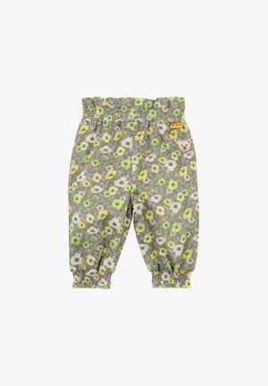 Floral-patterned children's pants in green, yellow, and purple. Features an elastic waistband and gathered ankles. Includes a bear patch.