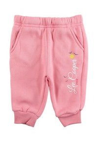 Pantalon de survêtement rose avec taille élastique, poches latérales, poignets côtelés et logo brodé "Lee Cooper" avec motifs de soleil et d'oiseaux.