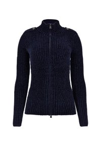 Tamsiai mėlynas raštuotas zip-up megztinis su aukšta apykakle ir sagų detalėmis ant pečių, pagamintas iš tekstūruoto mezginio.