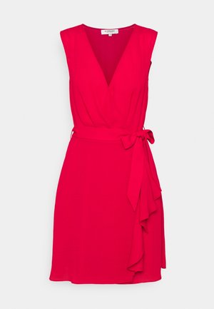 Mouwloze rode wikkeljurk met V-hals, zijde taille strik, en ruches aan de rechterkant van de rok, maat 38 van Morgan.