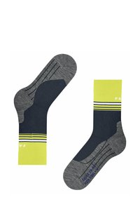 Szare i granatowe skarpetki z żółtymi akcentami i paskowanym detalem. Posiadają wyściółkę dla komfortu stopy oraz dynamiczny wzór dla stylu.