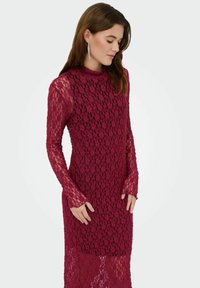 Robe en dentelle bordeaux à manches longues, col montant et silhouette ajustée, présentant des motifs floraux complexes et une texture transparente sur l'ensemble.