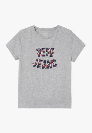 Light gray short-sleeve t-shirt with round neck, featuring "PEPE JEANS" text in multicolored floral pattern centered on front.