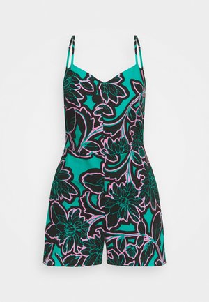 Blomster jumpsuit med justerbare stropper, prydet med et levende turkis og sort mønster omridset af pink. Letvægtsstof, tætsiddende overdel, brede shorts.