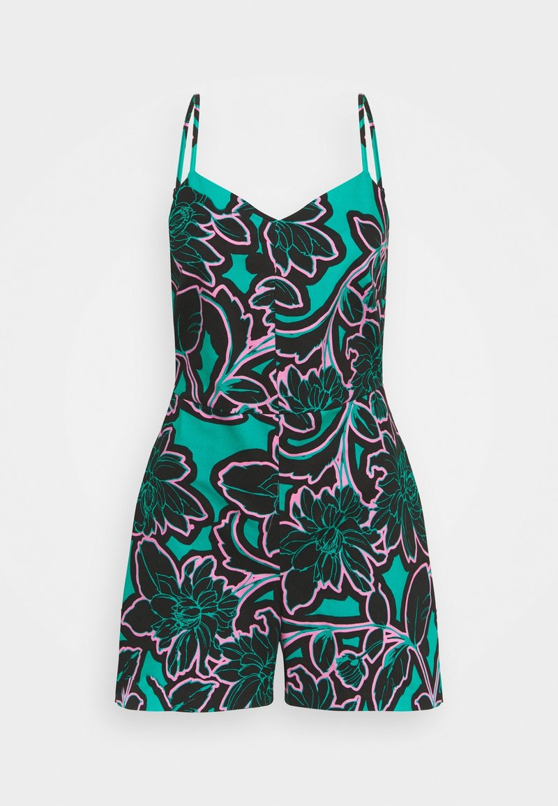 Kwiatowy kombinezon z regulowanymi ramiączkami, charakteryzujący się żywym turkusowym i czarnym wzorem podkreślonym różowym konturem. Lekka tkanina, dopasowana góra, szerokie spodenki.