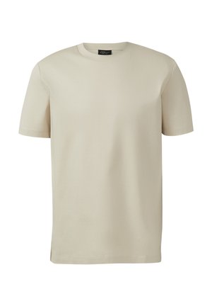 Beige T-Shirt mit kurzen Ärmeln und Rundhalsausschnitt, geradem Saum und sichtbarem Markenetikett im Halsausschnitt.