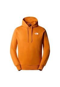 Felpa arancione a maniche lunghe con cappuccio, dotata di laccetti frontali e il logo bianco "The North Face" sul lato sinistro del petto.