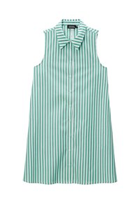 Robe sans manches à rayures vertes et blanches, avec un col classique et un devant à boutons, fabriquée en tissu léger.