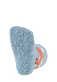 Blaue Socken mit einem orangefarbenen Fuchsdesign. Die Sohle verfügt über strukturierten Gummi-Grip und ein glattes, gestricktes Obermaterial.
