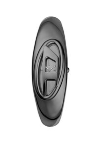 Schwarze Uhr mit einem glatten, ovalen Gehäuse. Verfügt über eine markante strukturierte Lünette und drei Zeiger auf einem minimalistischen Zifferblatt.