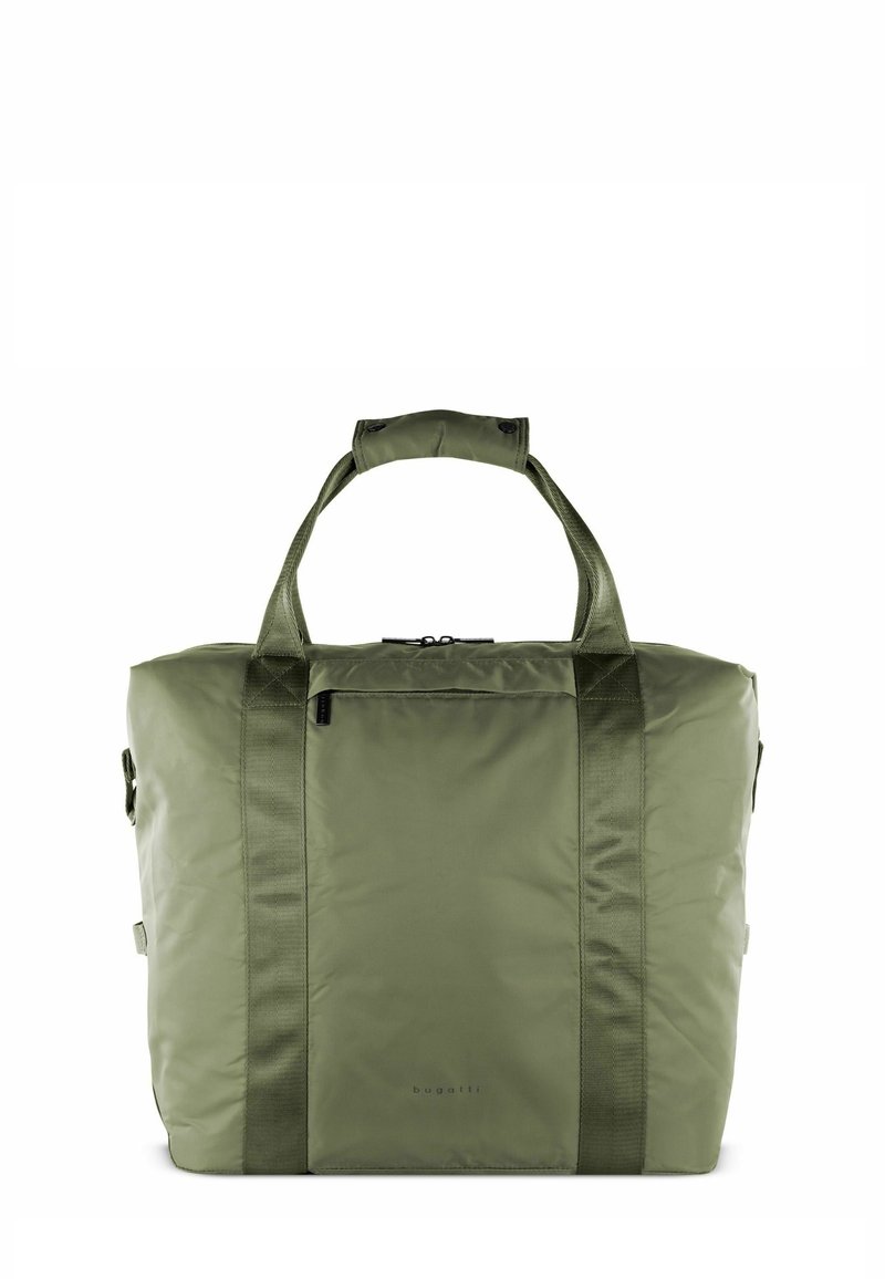 Olijfgroene sporttas van nylon, met twee stevige handgrepen, een ritsopening aan de bovenkant en een klein extern zakje met logodetail.