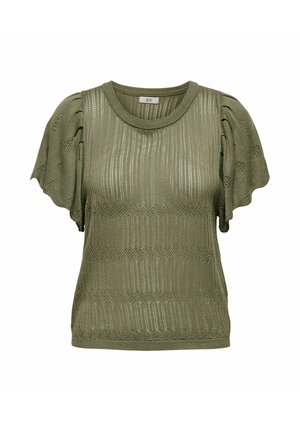 T-shirt court en maille vert olive à manches courtes, présentant des rayures verticales et des motifs texturés ; encolure ronde et accents en volants sur les manches.