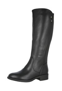 Bota de cuero negra hasta la rodilla con tacón bajo, punta redondeada y panel lateral elástico con dos pequeñas tachuelas de metal cerca de la parte superior.