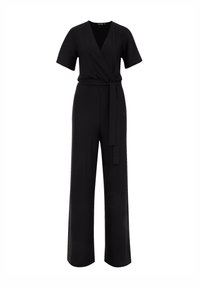 Zwarte jumpsuit met korte mouwen, wikkelfront en een bijpassende gestrikte riem. Heeft een wijd pijpontwerp. Gemaakt van zachte, gladde stof.
