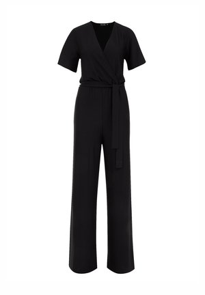Schwarzer Jumpsuit mit kurzen Ärmeln, Wickeloptik und passendem gebundenem Gürtel. Verfügt über ein weites Bein-Design. Hergestellt aus weichem, glattem Stoff.